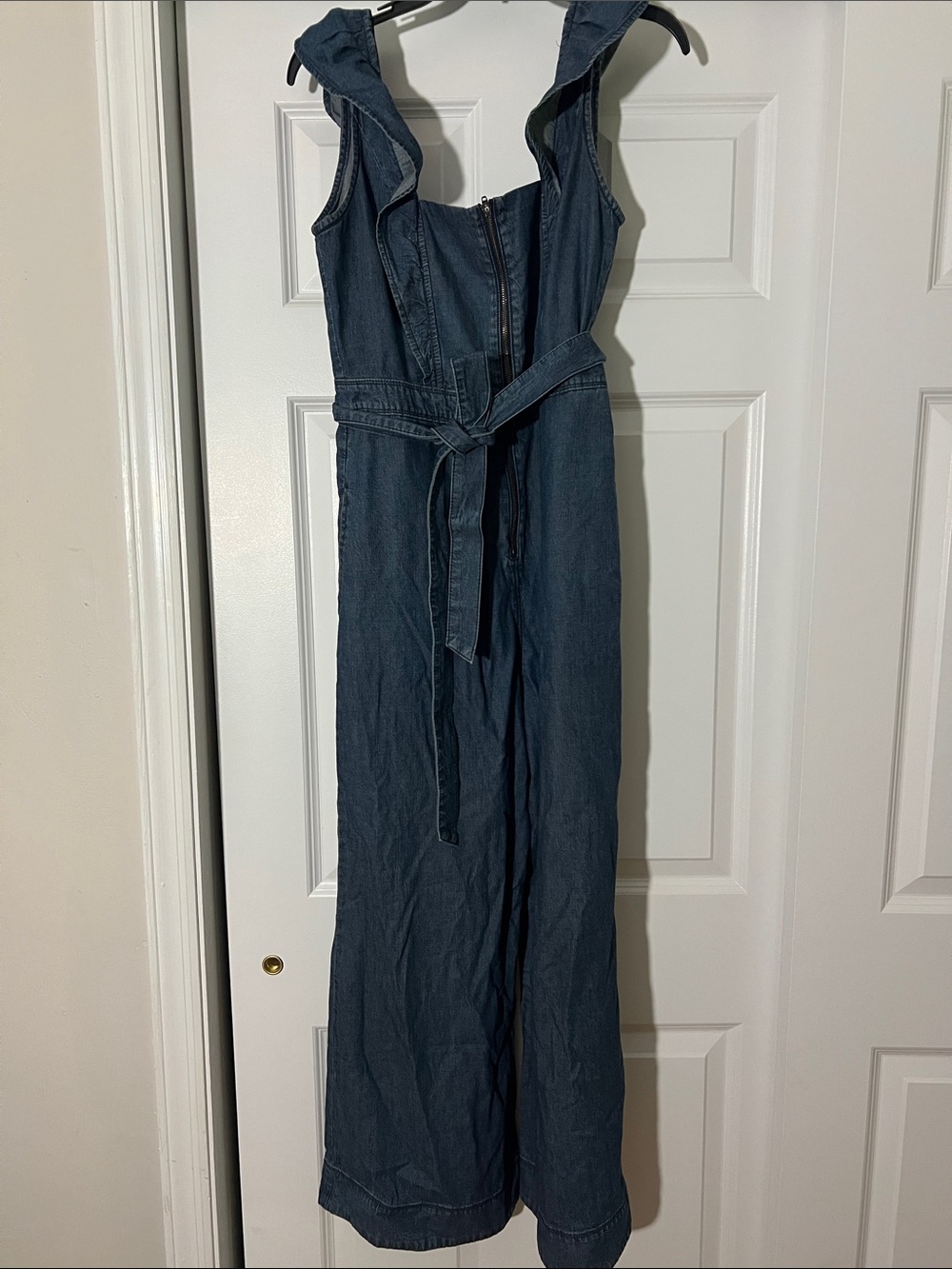 Free People Washed Dark Blue Denim Jumpsuit with Tie Belt